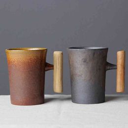 300ml Vintage Crude Ceramic Coffee Mug Tumbler Rust Glaze With Wooden Handgrip Tea Milk Beer Water Cup Home Office Drinkware 210409