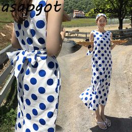 Summer O Neck Cotton and Linen Bow Sleeveless Tank Polka Dot Dress Women Slim Chic Korean Temperament Retro Vestidos Mujer 210610