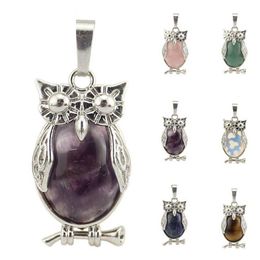 Natural Stone Mini Owl Shape Creative Pendant Necklace Amethyst Rose Quartz Reiki Healing Crystal Jewellery Europe America Fashion Charm Hanging Accessory