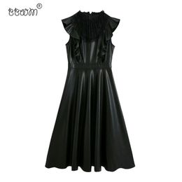 Women Chic Fashion Lace Spliced Faux Leather Dress Vintage Elegant Back Zipper Pleated Dresses Vestidos Mujer 210531