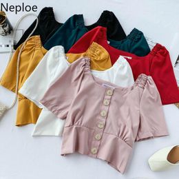Neploe Single Breasted Blouse Women Solid Square Collar Short Sleeve Ladies Blusa Shirts Summer Fashion Casual Female Tops 210423