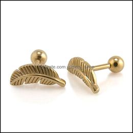 stainless steel feather earrings Canada - Plugs & Tunnels Body Jewelry Jewelry2X Stainless Steel Feather Barbell Ear Cartilage Helix Stud Bar Earring Piercing For Women Gold Sier Bla