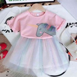 Summer Girls' Clothing Sets Cartoon Top+Flashing Shiny Colourful Gauze Skirt 2PCS Suit Princess Baby Kids Children Clothes 210625