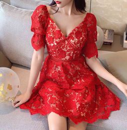 2024 New Womens Dress High Quality Self Portrait Summer Runway Water Soluble Lace Hollow Out Women Puff Sleeve Cake Mini Dress Summer Dresses For Women 957