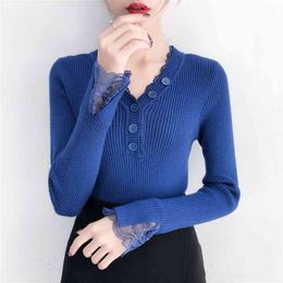 Knitted Women Tops Ruffle Sweater retro long-sleeved V Neck Button Slim fit Sexy Lace Shirts 106C60 210420