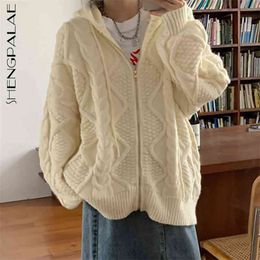 Twist Hooded Sweater Jacket Women's Spring Lazy Style Large Size Long Sleeve Knitted Cardigan Coat 5A1267 210427