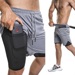 Men 2 in 1 Running Outdoor Shorts With Inner layer Adjust Waist Fitness Gym Sports Short Phone Pockets Mens Two layers Shorts T200414