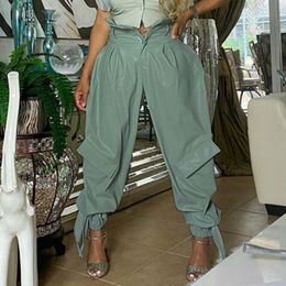 Women Pants Casual High Waist with Drawstring Fashionable Trousers Light Green Two Pockets Female Summer Autumn Girl Street Wear 210416