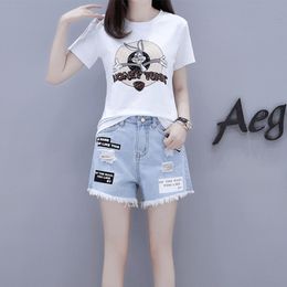 est Summer Women Cartoons Print White Tops + Ripped Jeans Shorts Suits Short Sleeve T Shirt Shorts 2 Piece Set 210515