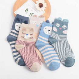 5Pairs Spring Autumn Women Cotton Socks In tube Animal Ear Cute Bear Soft Cartoon Girl 211204