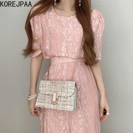 Korejpaa Women Dress Set Summer Korean Chic Gentle O Neck Sequin Bubble Sleeve Shirt and High-waisted Thin Long Skirt Suit 210526