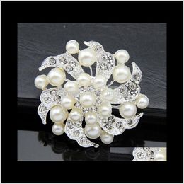 Pins, Brooches Drop Delivery 2021 Elegant Bridal Jewelry Pearl Sier Tone Flower Brooch Pins Rhinestone Crystal Women Party Decor Costume Cor