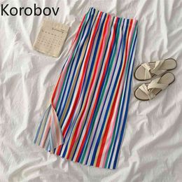 Korobov Retro Temperament Rainbow Striped Skirt Women High Waist Hip Side Split Design Straight Jupe Summer New Slim Faldas 210430