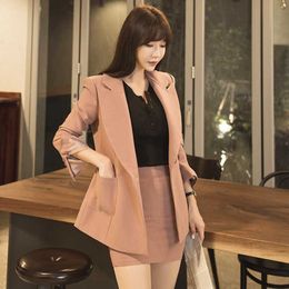 Autumn Solid Colour Black Pink Suits 2 Pieces Set Women's Notched Neck Blazer Coat+Short Pencil Skirt OL Work Wear Clothes 210529