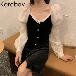 Korobov New Chic V Neck Puff Sleeve Patchwork Women Dresses Korean Single Breasted Black Elegant Dress Vintage Robe Femme 210430