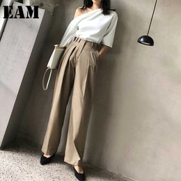 [EAM] Khaki Casual Pleated Brief High Waist Wide Leg Trousers New Loose Fit Pants Women Fashion Tide Spring Summer 2021 1DE1331 Q0801
