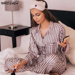 Summer Pajamas for Women Satin Silk Striped Sleepwear 2 Pieces Set Sleep Tops Pants Pjs Ladies Night Wear Loungewear Home Suit 211211