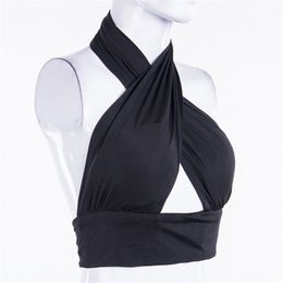 Women T-shirt Hollow Out Bandage Solid Colour Sleeveless Sexy Halter Polyester Exposed Navel Slim Fitting Crop Top 210522