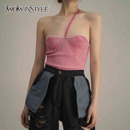 Sexy Knitted Hit Colour Vest For Women Skew Collar Sleeveless Elastic Slim Tank Tops Females Summer Clothes 210524