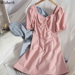 Women Summer Dress Folds Square Collar Puff Sleeve Temperament Vestidos Korean Vintage Robe Solid Slim Dresses 210519