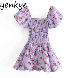 Summer Women Sweet Floral Print Cake Princess Dress Sexy Square Neck Puff Sleeve Mini Robe Elegant Ladies Chic Vestido 210430