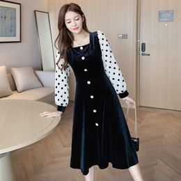 autumn new style waist show thin French Retro Square Collar Bubble Sleeve medium-length long-sleeved dress 210412