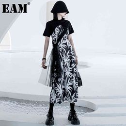 [EAM] Women Black Print Hollow Out Ruffle Sashes Dress V-Neck Short Sleeve Loose Fit Fashion Spring Summer 1DD7541 21512