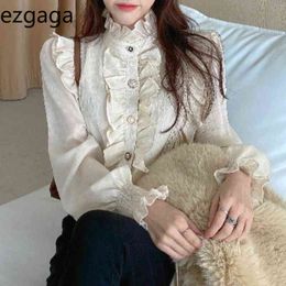 Ezgaga Elegant Women Blouse Ruffled Stand Collar Long Sleeve All-Match Single Breasted Loose Korean Tops Fashion Shirts Blusas 210430