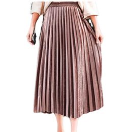 Pleated Skirt Women Autumn Long Vintage Gray Korean Maxi High Waist Casual Winter Black Party School Girl Velvet Skirt 210408