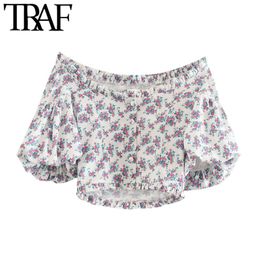 TRAF Women Fashion Floral Print Ruffled Cropped Blouses Vintage Slash Neck Puff Sleeve Female Shirts Blusas Chic Tops 210415