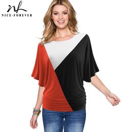 Nice-forever Casual Contrast Color Patchwork T-shirts Draped Loose Summer soft Women Tees tops btyT013 210419