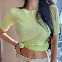 WOMENGAGA Korean White Green Orange Sexy Slim Top Thin Round Neck Short Sleeve T-shirt Girl Tshirt Women Summer Tops YP88 210603