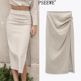 Za Linen Blend Draped Long Skirts Woman Fashion High Waist Midi With Side Slit Pleats Elegant Summer 210629