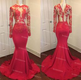 Elegant Red Mermaid Long Evening Dresses With Sleeve Sexy See Through Top Lace Backless Prom Dress For Black Girl Gradution Party Wear robe de soirée femme 2021