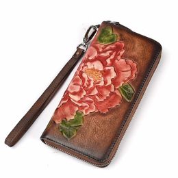 Women Leather Wallet Flower Painting Pattern Long Genuine Clutch Purses Female Vintage Zipper Around Phone Bag