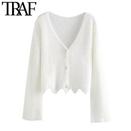 TRAF Women Fashion Button-up Loose Cropped Irregular Cardigan Sweater Vintage Long Sleeve Female Outerwear Chic Tops 210415