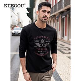 KUEGOU 100% Cotton Spring Mens T-shirt long sleeve Vintage Printing Tshirt fashion Top&Tee Black Plus Size ZT-88125 210524