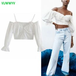 Summer White Floral Embroidery Woman Tops Adjustable Thin Straps Blouses Women Long Sleeve Front Button Crop Top V-Neck 210430