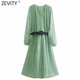 Women Vintage V Neck Dots Print Sashes Pleated Midi Dress Femme Chic Puff Sleeve Casual Slim Summer A Line Vestido DS8141 210420