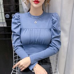 Autumn Puff Sleeve Vintage White Pullover Pleated Womens Blouse Casual Cotton Women Blouses Tops Mujer 11206 210415