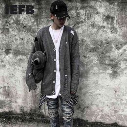 IEFB High Street Men's Wear Lightweight Hole Kintted Cardigan Big Size Sweater For Couple Spring Tops single breasted 210524