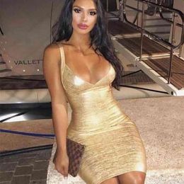 Women Sexy Fashion V Neck Bronzing Gold Bandage Dress Elegant Night Club Prom Celebrity Bodycon Party Vestido 210527