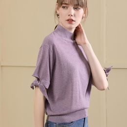 Women's Sweaters Women Knitted Turtleneck Pullovers Wool Short Sleeves Tricot Tie Up Basic Warm Sequins Tops Autumn Winter Purple Black