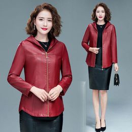 Women's Leather & Faux 2021 Pu Jackets Women Autumn Hooded Outerwear Female Long Sleeve Pockets Zipper Coat Slim Biker X608