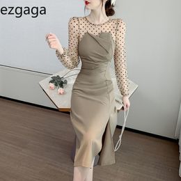 Ezgaga Elegant Dress Women Dot Mesh Patchwork Long Sleeve Spring Split High Waist sexy Bodycon Dress Vestidos Feminino 210430