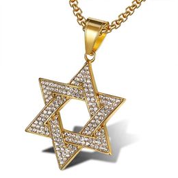 Pendant Necklaces Jewish Star Of David Hexagram Pendants Gold Color Stainless Steel Bling Iced Out Hip Hop Rapper Jewelry For Men