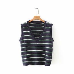 Women Sweater V neck Striped Jumpers Sleeveless Knit Casual Spring Tops for Girls Chic Pull Vest 210417