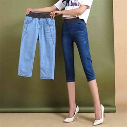 Plus Size Mom Jeans High Waist Seven Capris Summer For Women Blue Pencil Pants Stretch Denim Trousers Casual Wear P9351 210708