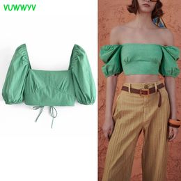 VUWWYV Green Backless Crop Top Women Blouses Summer Short Sleeve Back Cross Straps Woman Tops Fashion Streetwear Blouse 210430