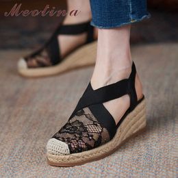 Meotina Sandals Shoes Women Wedges High Heel Sandals Cross Strap Espadrille Shoes Round Toe Ladies Footwear Summer Beige 210608